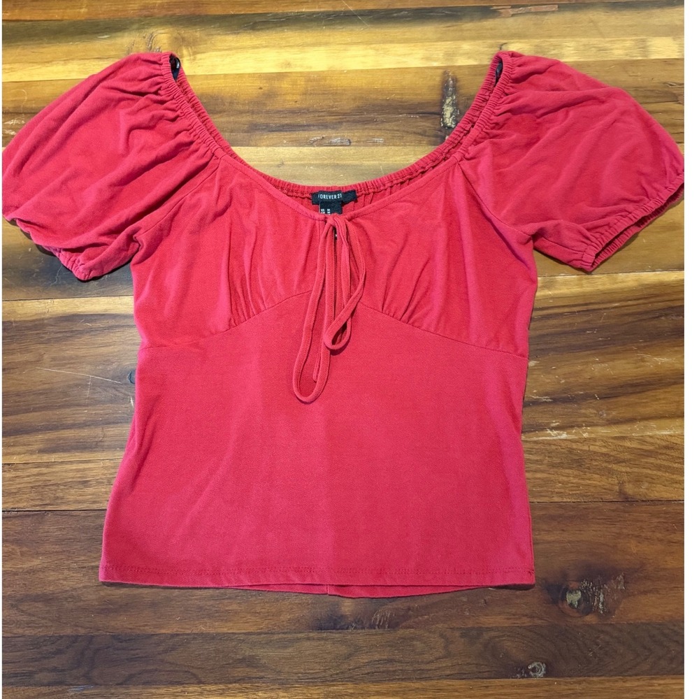 Forever 21 Red Puff Sleeve Tie Front Sweetheart Neck Blouse G2755-JJ83 Medium